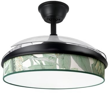Abrila - Ventilador DC MODA | Color Negro con tres Aspas Desplegables ABS y Difusor de Hoja Verde | 6 Velocidades Ajustables | 3 Temperaturas de Luz | con Temporizador y Mando a Distancia Incluido