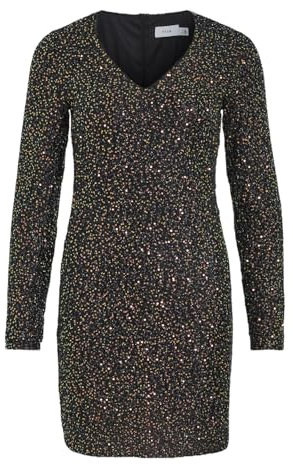 Vila Damen Pailletten Midi Kleid Eleganter Langarm Dress Longsleeve Strickkleid VISCARA