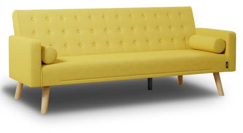 Nalui - Sofá Cama 3 Plazas Acolchado 203x82x78cm One Dots, 2 Cojines y Apertura Clic-Clac con Reclinación Ajustable. Sofá Cama Chaise Longue con Patas de Madera Convertible en Cama Doble | Mostaza