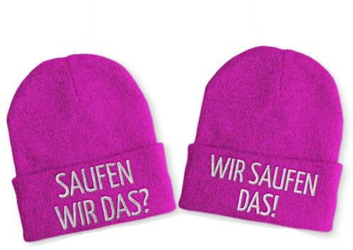 tshirtladen Saufen wir das? Wir saufen das! Duo Statement Wintermütze mit Stick - Lustige Beanie für Freunde & Paare - 2er Set Partnermützen mit Spruch, Farbe: Pink