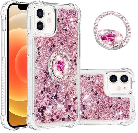 IMEIKONST iPhone 12 Custodia con Cavalletto ad Anello, Brillantini Glitter Sabbie Mobili Cover Trasparente Rigida Silicone Bumper Case Custodie per iPhone 12. Amore Rosa YBZ