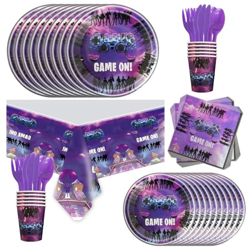 Juego de vajilla de 81 piezas de juegos morados, decoración de fiesta, juegos morados, suministros para fiestas de cumpleaños