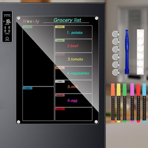 Bysameyee Fridge Calendar Meal Planning Board, Dry Erase Acrylic Magnetic Monthly Weekly Calendar Planner for Refrigerator with 6 Colors Markers (Black-Weekly(15.7x11.8))