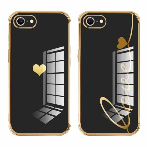 Foonary 2 Pack Cute Phone Cases for iPhone 8/SE 2022/7/SE 2020 Case 4.7,Gold Lovers Love Print Slim Soft Silicone TPU Phone Case for Women, Shockproof Cover Protective Funda para Girls,Black