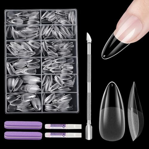 EARLMONI 432Pcs Short Almond Nail Tips for Gel Extensions, Clear Soft Gel Full Cover Pre-buff Fake Nails Set with Glue, Nail File, Cuticle Pusher, 12 Size Short False Nails Extension Kit
