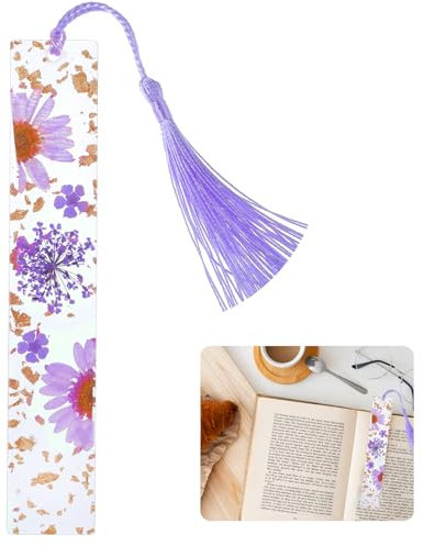 Dimeho Trockenblumen Buchmarkierungen langlebig handgefertigt Harz Seitenmarkierungen Quasten klare Blumen Lesezeichen hübscher Buchmarkierungshalter Geschenk für Frauen Weihnachts (Dunkellila)
