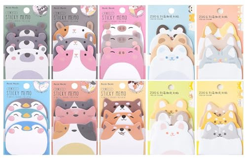 Cute Animal Shape Sticky Notes - 10 Packs of Cartoon Message Flags, Memo Markers for Refrigerator - Small Pastel Kids' Note Set