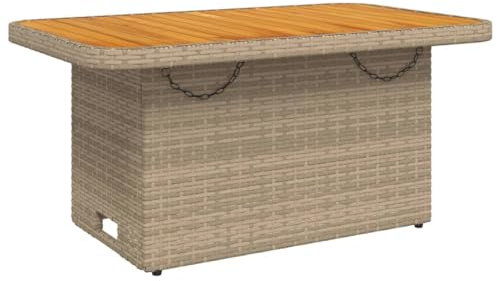 SDWEHO7 Gartentisch mit Holzplatte, Polyrattan Beistelltisch Terrassentisch Balkontisch Wetterfest Rattantisch Garten Balkon Esstisch, Hitze- und Wetterbeständig, Beige 90x55x71 cm