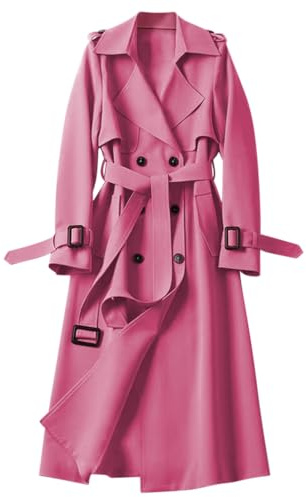 Minetom Femme Trench-Coat à Double Boutonnage Elégant Manches Longues Automne Hiver Revers Veste Longue Manteau avec Ceinture A Rose Vif XL