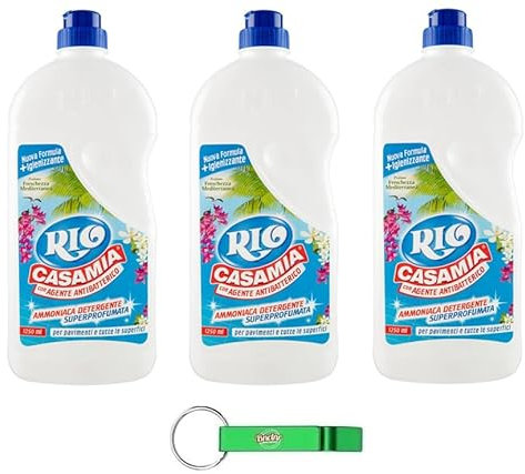 3x Rio Casa Mia - Super Igiene Detergente per Pavimenti e Superfici - Profumo Freschezza Mediterranea - 1250ml + Portachiavi Beni Culinari in Omaggio