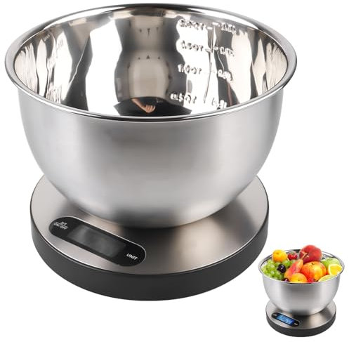 GOMETY Báscula digital de cocina de acero inoxidable, 5 kg, con cuenco extraíble, pantalla LED, función de tara, carga USB, báscula de cocina con cuenco para hornear y cocinar