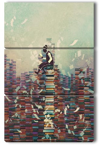 Lettore su stack di libri; conoscenza torre in una tempesta di pagine, ispirazione in mezzo al caos. Formato: 120 x 80 cm (3 pezzi) come tela su telaio in vero legno, stampa digitale di alta qualità
