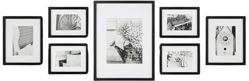 nielsen 7-Piece Photo Frame Set, Wooden Picture Frame, Black Photo Frame 6x4, 5x7, 8x10 with Hanging Wall Template, Protective Glass Front and Push and Turn Clips - Black