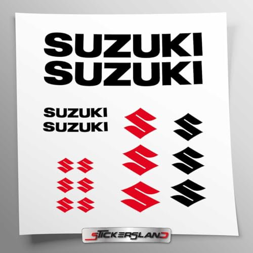 Aufkleber-Set kompatibel mit Tank und Motorradhelm, vorgeschnitten, einfache Anbringung, Schriftzug Logos, Stickersland® – Suzuk (schwarz glänzend)