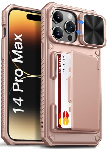 Vihibii for iPhone 14 Pro Max Case Wallet with Card Holder (4 Cards) [RFID Blocking] & Slide Camera Cover, Military Grade Drop Protection, Rugged Back & Silicone Edge Phone Case, 6.7 2022, Rose Gold