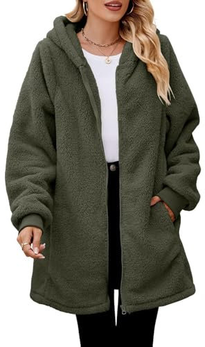 Onsoyours Wolljacke Damen Lang Teddyjacke mit Kapuze Teddyfleece Warm Winterjacke Reißverschluss Flauschig Fleecemantel A Armeegrün L