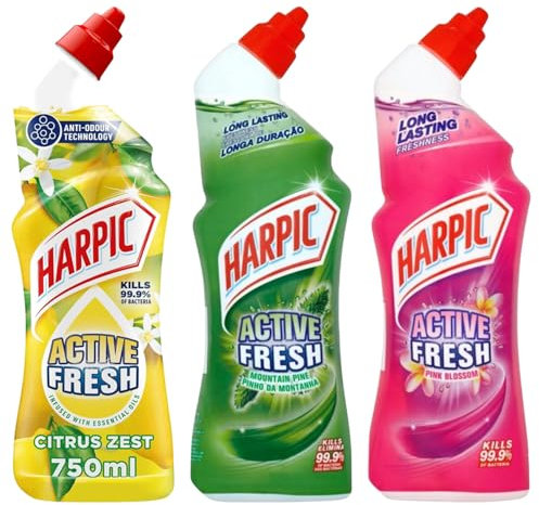 Harpic 3-in-1 Toilet Cleaner Household Cleaning Bundle Giftset Kit, Pink Blossom, Citrus, Pine Fresh 750ml, Bathroom Cleaning, Stain Removal, Fresh Fragrance, Ideal for Home & Kitchen Cleaning