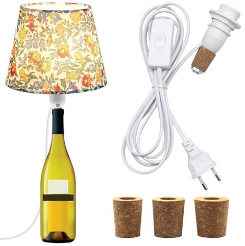 E14 Lampenfassung für Flaschen, Fassung mit 240CM Kabel Schalter, Weiß Flaschenadapter Lampe, Flaschenlicht mit 3 Kork, Flaschenlampe Aufsatz, DIY Lichtschirm Tischlampe Kit für Vielfältig Flaschen