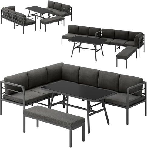 Mucola Gartenmöbel Set Aluminium Essgruppe mit Sitzbank und Tisch Glas Sitzgruppe variabel aufstellbare Elemente | wetterfest und rostfrei | Essgruppe extra Dicke Wasserabweisende Kissen