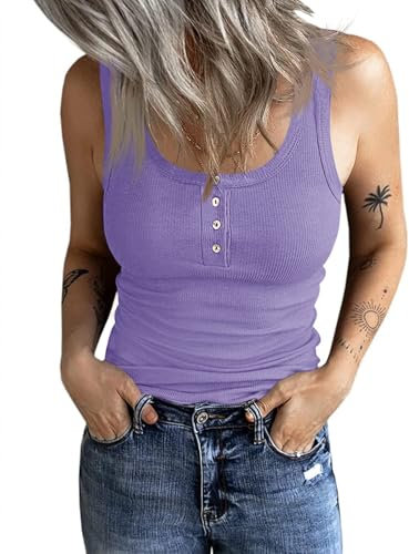 Fessceruna Damen Tops Sexy U-Ausschnitt Tank top Ärmellos Sommer Oberteile Gerippt Camisole mit Knöpfen(Hellviolett, S)