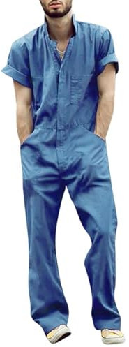 Mens and Womens Short Sleeve Workwear Coveralls Boilersuit Overalls Boiler Suit Warehouse Deals Clearance Solid Color Button Down Shirts Jumpsuit Romper Playsuit Black Blue M-3XL