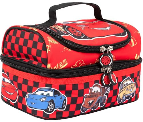 Disney Cars - Lonchera con múltiples compartimentos para niños, con aislamiento térmico, doble piso, para niños, diseño de Rayo McQueen, color rojo