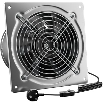 Hon&Guan 8 inch Exhaust Fan Kitchen 980m³/h with Metal Backdraft Damper | 2.5m UK Power Cord, 200mm Vent & Extraction. for Basement, Attic, Garage, Workshop, Soldering, Print, Spray, Coop, Farm