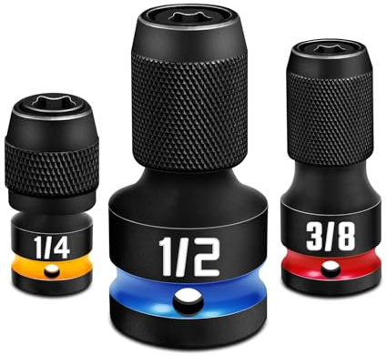 zozoa Schnellspann-Bitaufnahmen, 3 Stück, 3/8, 1/4, 1/2-Zoll-Adapter | Viereckantrieb auf 1/4-Zoll-Sechskantsteckdose, CR-MO-Stahl, Geprägte Größenmarkierung