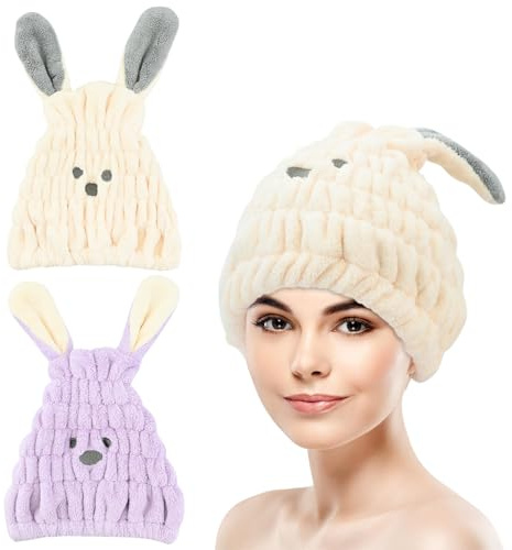 2 Pezzi Asciugamani per Asciugare Capelli Asciugamano per Capelli in Microfibra Super Assorbente con Gatto Coniglio Orecchio Cuffia per Capelli Asciutti per Donne Ragazza Capelli Asciugamano Turbante