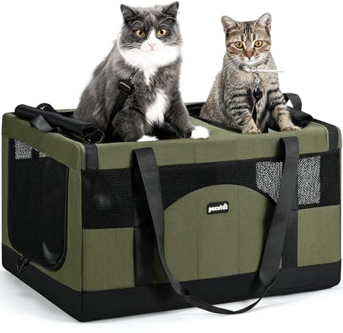 Pecute Katzentransportbox Groß Faltbar Transporttasche 2 Katzen, Dunkelgrün | Abnehmbare Trennwand, Verstärkter 5mm Stahlrahmen, Atmungsaktives Mesh , Faltbar bis 12 kg, Ideal für Auto & Tierarztbesuche