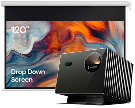 Valerion VisionMaster Pro2 4K Triple-Laser Beamer Bundle mit 120 kabelloser motorisierter Leinwand – Perfekt für Wohnzimmer & Garten, wiederaufladbar, sauberes Heimkino ohne Kabel
