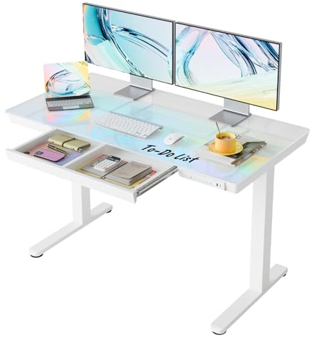 HUANUO ONE PIECE Standing Desk with Drawer, 120x60cm, White Glass | Glass or Wood Top, USB-A/C Charging, Pull-out Drawer, 3 Memory Heights, 72-118cm Range, 50k Lift Cycles, Easy Assembly.