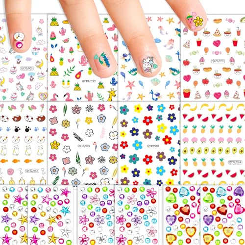 CharmeFleur Kids Nail Stickers and Mini Face Gems Cute Nail Decorations Children Nail Set for Girls Birthday Girls Party Gifts Flowers Unicorns Fruits Animals