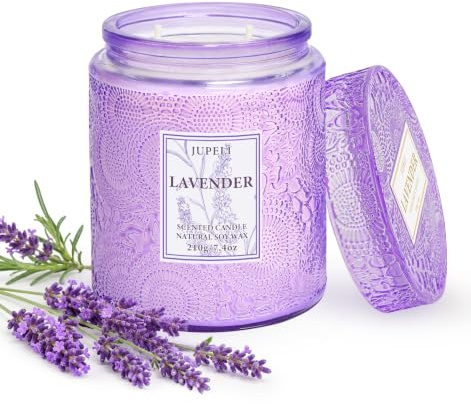 JUPELI Lavender Scented Candle, 210g Natural Soy Wax, Double Wick, 50 Hours | Hand-Poured, Double Cotton Wicks, Herbal Lavender Fragrance, for Bedroom, Bathroom and Evening Relaxation