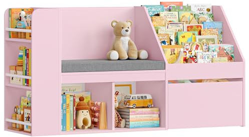 HOCSOK Bibliothèque Enfants, Meuble Rangement Enfant avec Bibliothèque Banc | Étagère à Jouets pour Enfant avec Tiroirs Roulants, Meuble Rangement Jouet, Blanc/Rose, 125×34×68 cm
