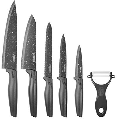 Tower T81522G Kitchen Knife Set, Stone-Coated with Non Stick Coated Stainless Steel Blades, Grey, 6-Piece Knife Set