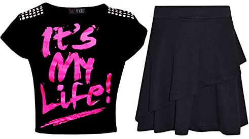 A2Z 4 Kids Girl Tops Kid Comic Graffiti #Love Paris NYC #Selfie Crop Top T-Shirt - Its My Life Black Top Fril Skirt 7-8