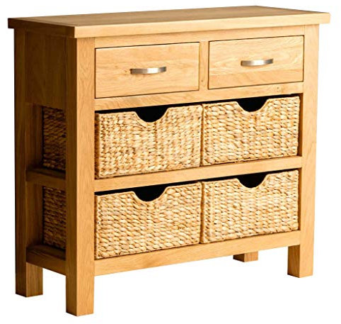 RoselandFurniture London Oak Console Table with Baskets and 2 Drawers | Solid Wooden Hall Storage Cabinet for Living Room, Bedroom, Hallway, Kitchen or Bathroom, Fully Assembled