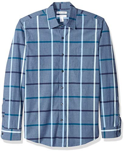 Amazon Essentials Men's Slim-Fit Long-Sleeve Poplin Shirt, Denim Large Plaid, XS
