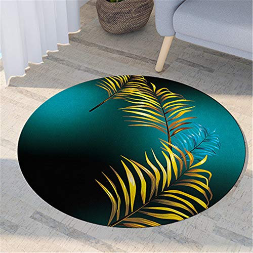 Morbuy Tapis Rond Lavable en Machine, Style Chinois 3D Bleu Doré Interieur Anti Slip Chambre à Coucher Salon Tapis d'Entrée Absorbant Antidérapant (120cm,Feuilles d'or)
