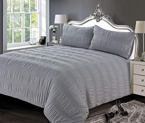 King Nice Grey Duvet Quilt Cover Bedding Set With Seersucker Puckered Effect