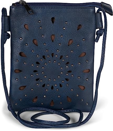 styleBREAKER Damen Mini Bag Umhängetasche mit Cutouts in Ethno Blumen Form und Nieten, Schultertasche, Handtasche, Tasche 02012304, Farbe:Dunkelblau