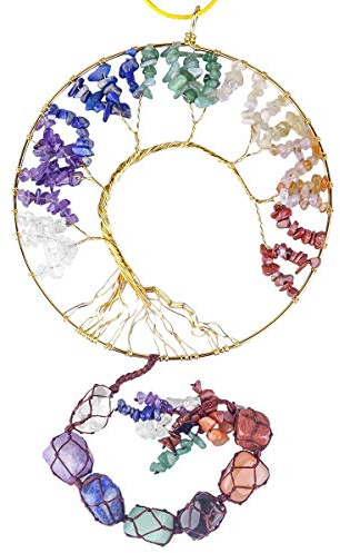 KYEYGWO 7 Chakren Stein Baum des Lebens Hängeornament mit 7 ChakrenTrommelsteine, Heilung Kristall Aufhängene Edelstein Traumfänger Handgemacht Windspiele Hängedeko für Haus Büro Hochzeit Souvenir