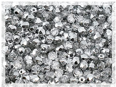 ca 600 pcs (50g) of Faceted Fire Polished Pressed Czech Glass Beads 4mm (0.16in), Crystal Silver Aluminum Labrador 00030-27001 BCV