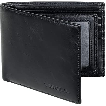 VISOUL Portafoglio Uomo Vera Pelle Portamonete Slim con Protezione RFID, Portafoglio Bifold da Uomo con 8 Porta Carte di Credito, 2 Scomparti Banconote e 2 Finestre ID (Nero)