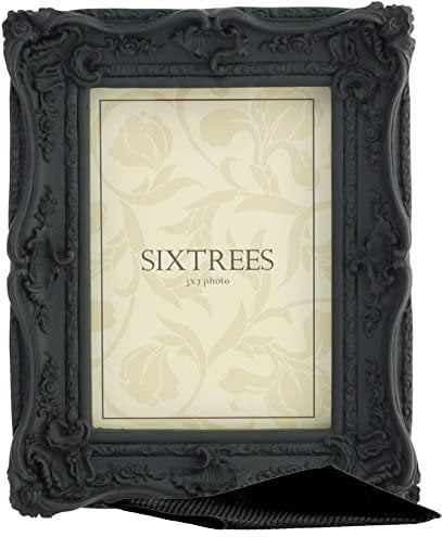 Sixtrees Chelsea 5-253-57 Ornate Vintage Swept Shabby Chic Black 7x5 inch Photo frame - with Microfibre glass cleaning cloth.