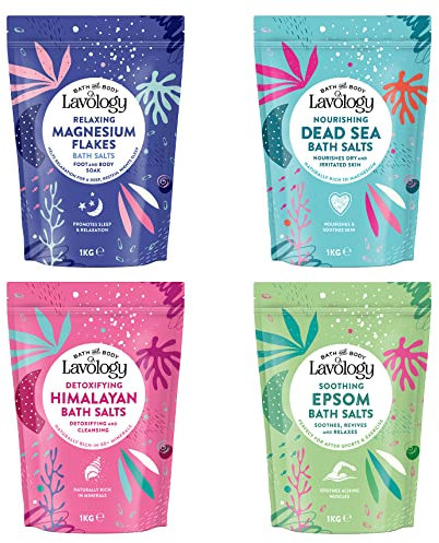 Bath Salts Bundle by Lavology - 1kg x4 - Magnesium Flakes, Dead Sea Salt, Himalayan Salt, Epsom Salt - All Natural Ingredients
