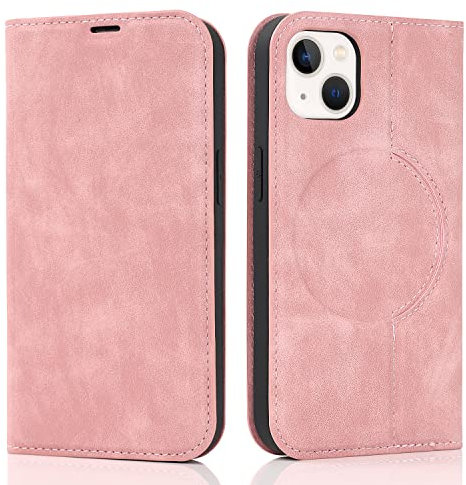 QLTYPRI Wallet Case for iPhone 13 (6.1 inch) Compatible with Magsafe Charger, Magnetic Flip Folio PU Leather Phone Case with RFID Blocking Card Holder Slots Kickstand Shockproof Cover - Rose Gold