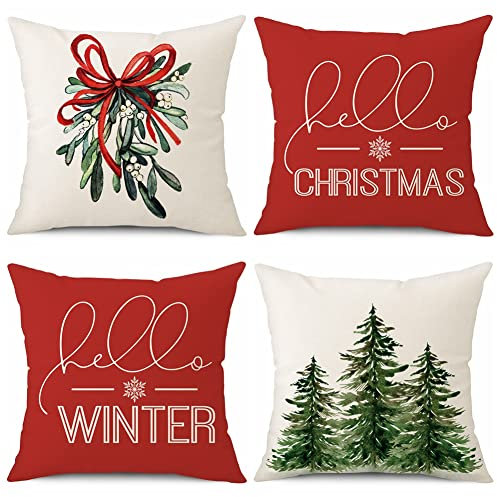 Sungeek 4er Set Weihnachten Kissenbezüge, Leinen Dekorative Zierkissenbezüge Weihnachtsmann Kissenbezug Deko Kissenhülle für Sofa Couch Schlafzimmer Wohnzimmer (40x40 cm, Hello Winter)