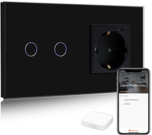 BSEED Smart ZigBee Lichtschalter mit Steckdose, Alexa ZigBee Steckdose mit Verbrauchsmessung, 2 Fach 1 Weg Wandschalter Kompatibel mit Alexa und Google Home Schwarz (Tuya ZigBee Hub erforderlich)